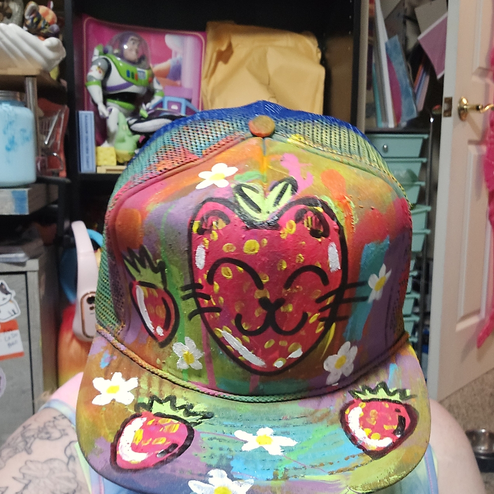HAND PAINTED OOAK Colorful Strawberry Art Hat